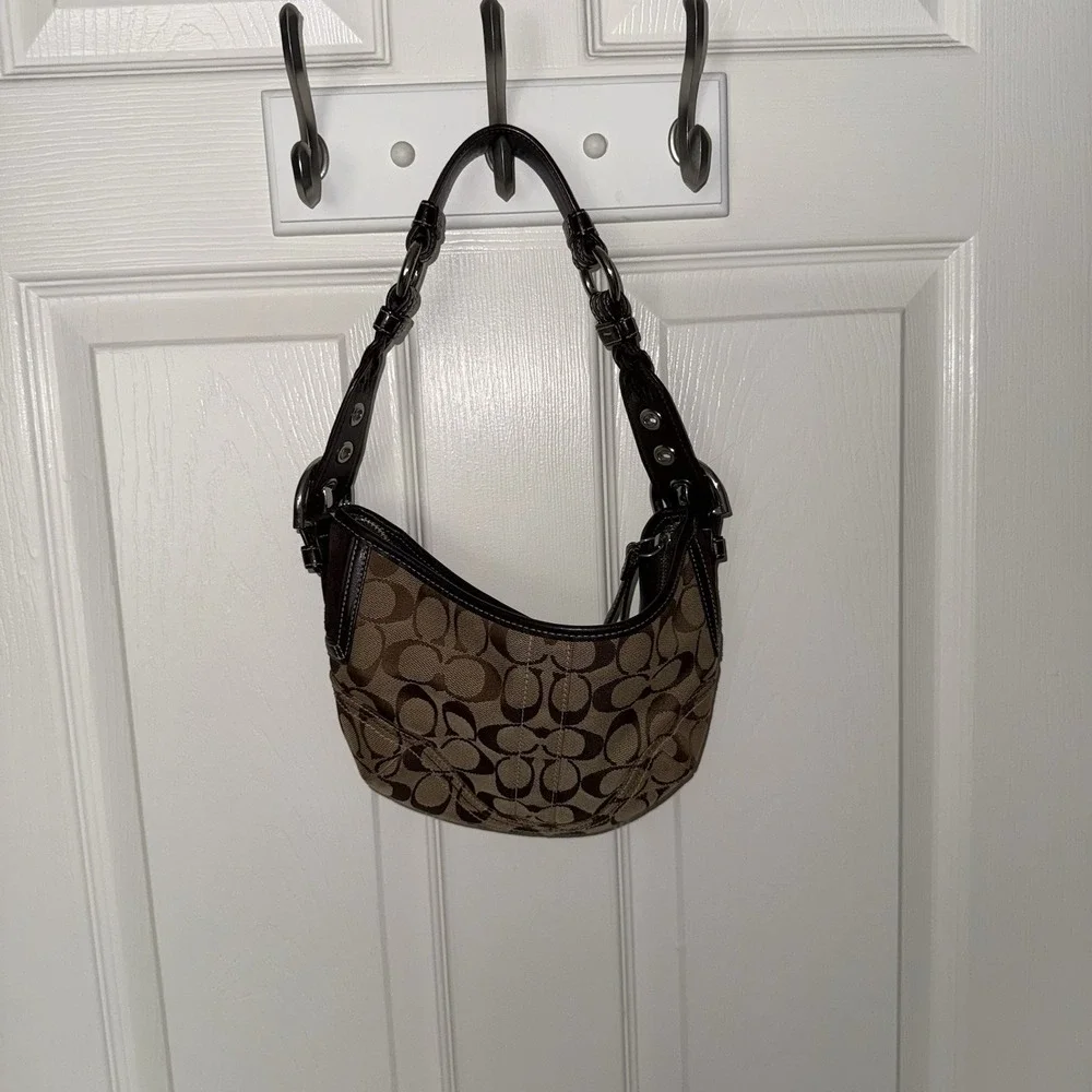 Vintage Coach Signature Jacquard Small Soho Hobo Bag Brown Tan Leather Y2K Purse